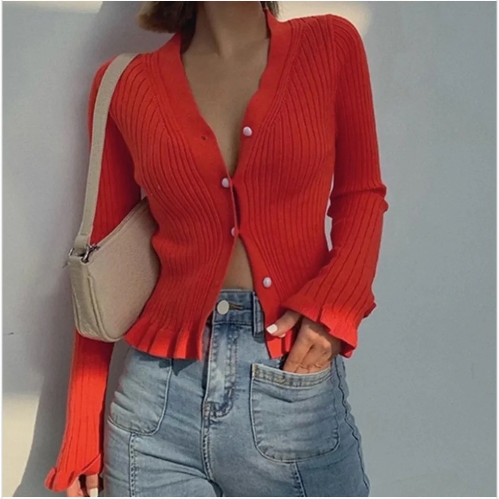 Commense Red Ribbed Ruffle Button Front Cardigan Sweater Balletcore Coquette L